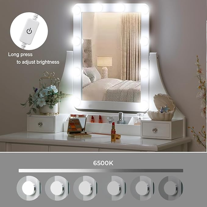 BEWISHOME Makeup Vanity Desk with Lights,Girls Vanity Set with Mirror and Stool,Small Vanity Desk with 5 Drawers,3 Light Settings,Adjustable Brightness,Dressing Table for Bedroom,White FST08W