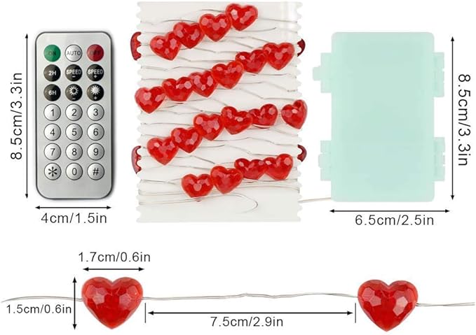 BOHON Valentine Day Decorations 10 ft 40 LEDs Red Heart Shaped Twinkle Fairy String Lights Battery Operated for Kids Bedroom Wedding Indoor Party Valentine's Day Mother's Day Decor with Remote