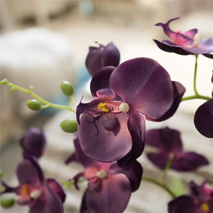 Large Artificial Potted Orchid Plant, Silk Flower Arrangement with Ceramics Vase, Dark Purple