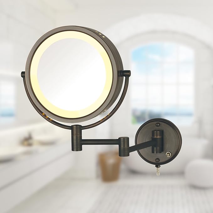 JERDON Two-Sided Wall-Mounted Makeup Mirror with Lights - Direct-Wired Lighted Makeup Mirror with 8X Magnification - 8.5-inch Diameter Mirror with Bronze Finish Wall Mount - Model HL75BZD