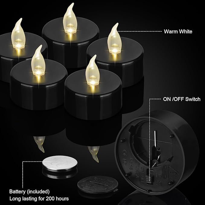 Battery Operated LED Tea Lights: 50PACK Flameless Votive Candles Lamp Realistic and Bright Flickering Holiday Gift Long Lasting 200Hours for Seasonal & Festival Celebration Black