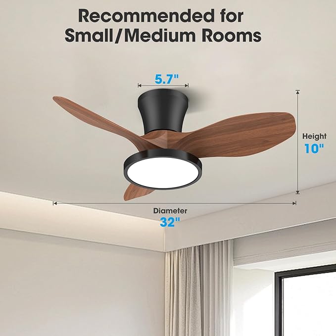 ocioc Quiet Ceiling Fan with LED Light DC motor 32 inch Large Air Volume Remote Control Walnut for Kitchen Bedroom Dining room Patio