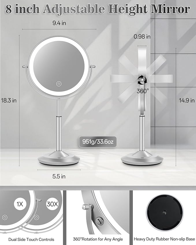 Makeup Mirror with Lights, 1X/30X Lighted Magnifying Mirror Height Adjustable, 3000mAh Rechargeable Double Sided Vanity Mirrors with 3 LED Lighting and Adjustable Brightness for Desk Women Gift