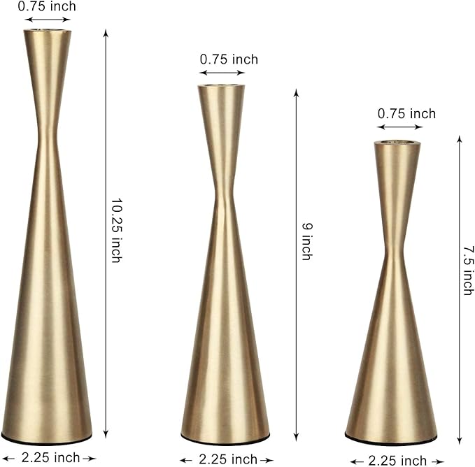 Vixdonos Brass Gold Taper Candlestick Holders Metal Candle Holders Set of 3 Table Mantel Decorative Candle Stand for Wedding, Dinning, Party,Home Decor (Gold)