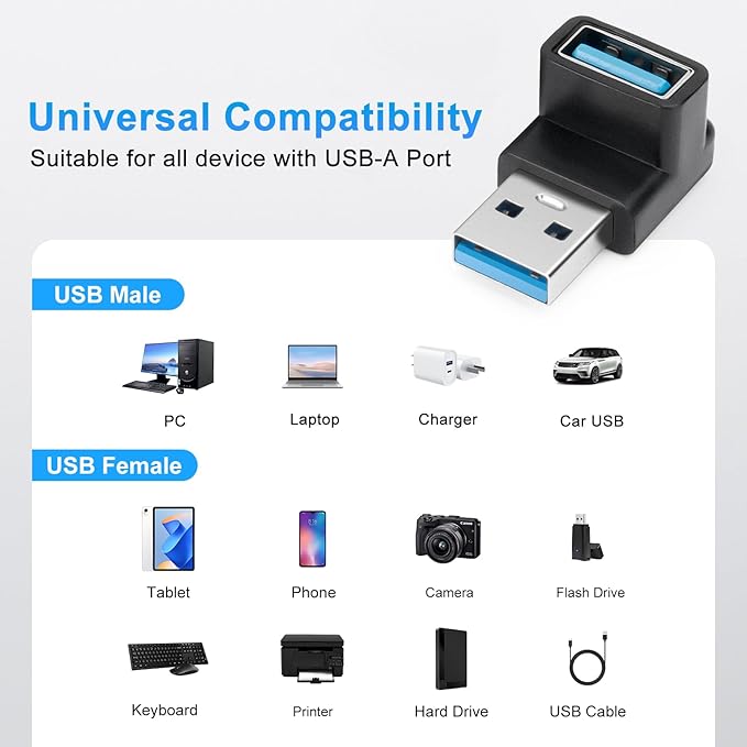 USB 3.1 Adapter 90 Degree (2 Pack), Up and Down Angle 90 Degree USB3.1 Type A Male to USB-A Female Adapter USB Coupler Adapters, Fast Charging Converter OTG (USB 3.1 Up Down)