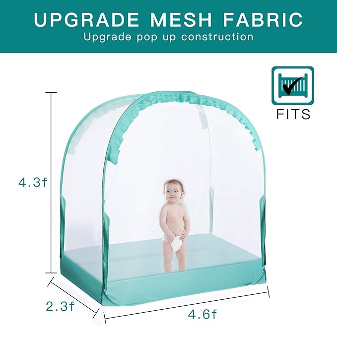 Crib Pop Up Tent Baby Safety Mesh Cover Mosquito Net Toddler Bed Canopy Netting Cover Protect Baby from Biting and Falling, Emerald, 51 x 51 x 27 Inch