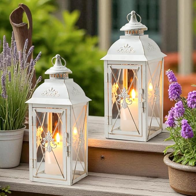 TRIROCKS Set of 2 Vintage Hanging Lantern - 13.5'' Decorative Metal & Tempered Glass Candle Holder - Ideal for Indoor/Outdoor Events, Patio, Garden, Parties White & Gold Brush Finish