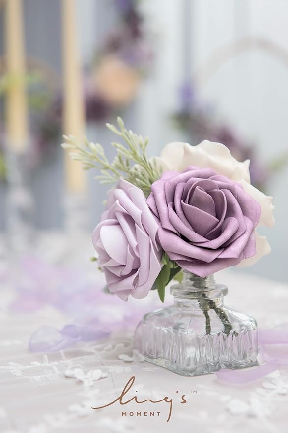 Ling's moment Artificial Flowers 50Pcs Dusty Violet Roses Decor w/Stems,3" Real Touch DIY Foam Floral for Wedding Bouquet/Centerpieces, Outdoors Party Backdrop, Room/Table, and Garden/Pot Decorations