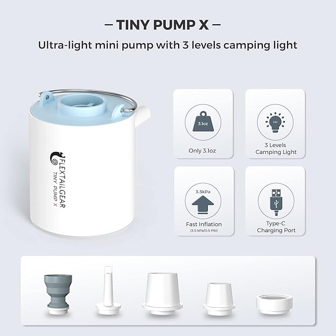FLEXTAILGEAR Tiny Pump X Portable Air Pump+ Camping Light Ultra-Mini Air Pump with 1300mAh Battery USB Rechargeable for Sleeping Pads Pool Floats Air Bed Air Mattress Swimming Ring