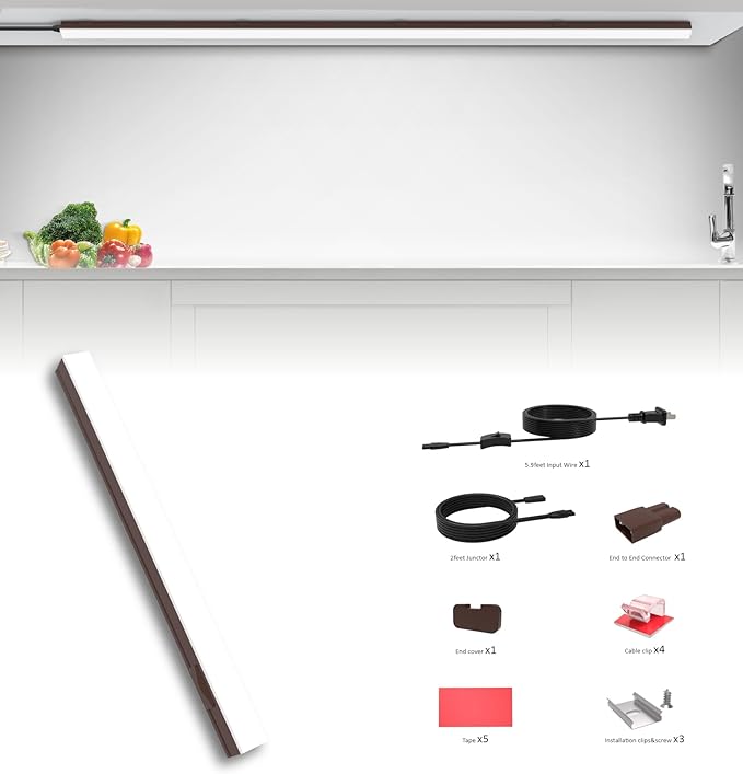 Under Cabinet Lighting Plug in, 24 Inch 1 Pc, Linkable AC120V 3CCT 3000K/4000K/5000K Ultra Slim, LED Under Cabinet Lights for Counter Light, Kitchen, Shelf, Sink, Workshop, Desk, Bronze