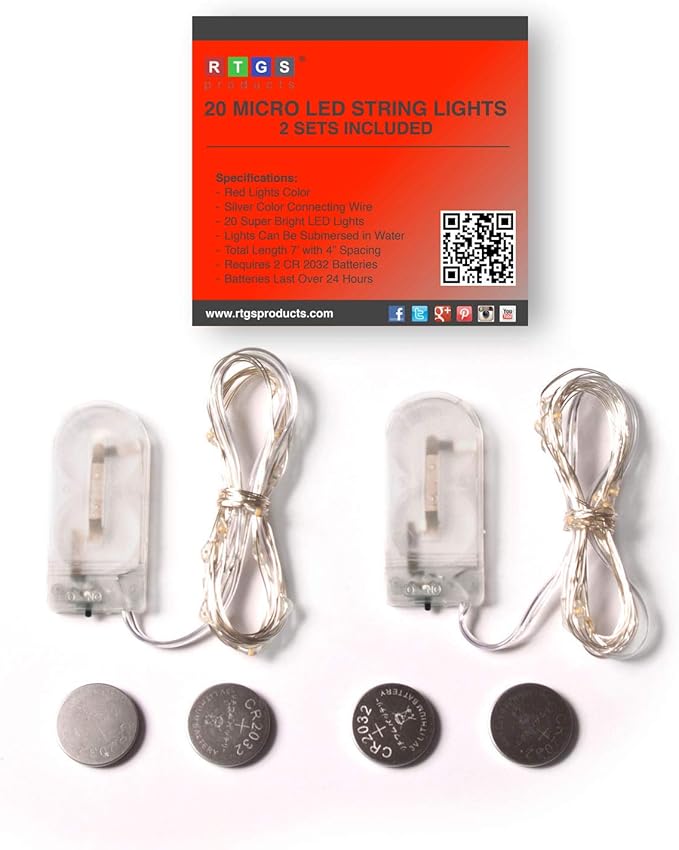 2 Sets 20 LEDs Red Color String Lights Silver Wire Indoor and Outdoor 6.5 Feet Firefly Starry Fairy Lights Battery Powered for DIY, Christmas, Holidays, Party, Bedroom and Centerpieces