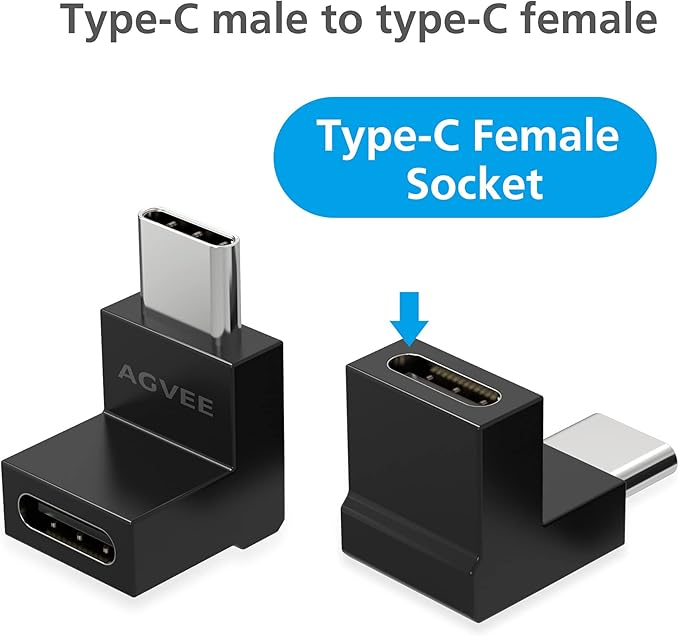 AGVEE 4 Pack Front Angle 90 Degree USB-C Male to USB-C Right Angled Female Adapter (Type-C 3.2 Gen 2) Converter Video Type-C 10G Data Extension Coupler Converter Connector, Black