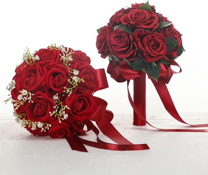 Wedding Bouquet Bride Flower Bridal Bouquets, Ribbon Artificial Rose Wedding Bouquets for Bride Bridesmaid Bouquet Dark Red Rose Bouquet Bride Bridesmaid Holding Flower for Wedding Decor