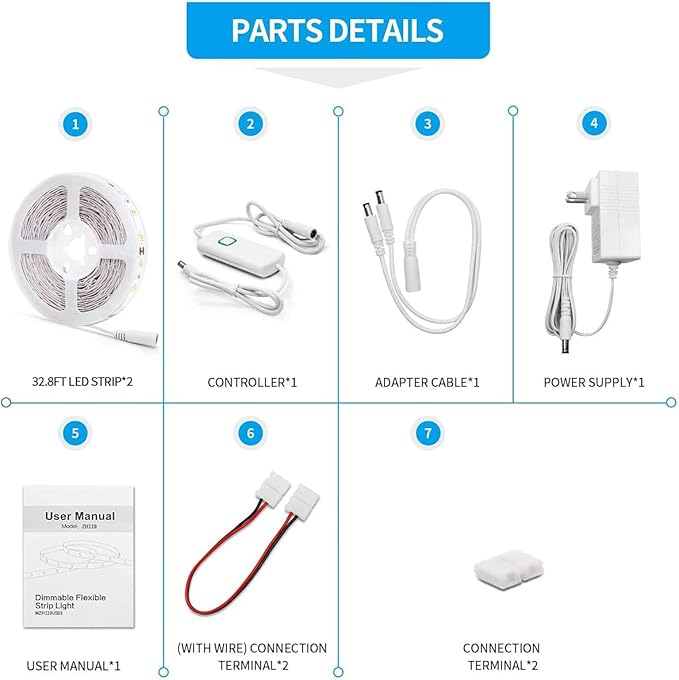 Led Strip Lights 65.6ft White Dimmable Led Light Strip Flexible Rope Lights Kits with 24v Etl Power Supply, Adhesive Clips, Dimmer Switch and Connectors for Indoor Decor