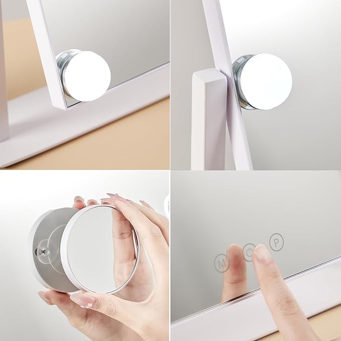HIEEY Hollywood Vanity Mirror with 12 Dimmable Bulbs Lights, Three Color Lighting Modes, and 5X Magnification, Smart Touch Control, 360°Rotation (White,Gift Box)