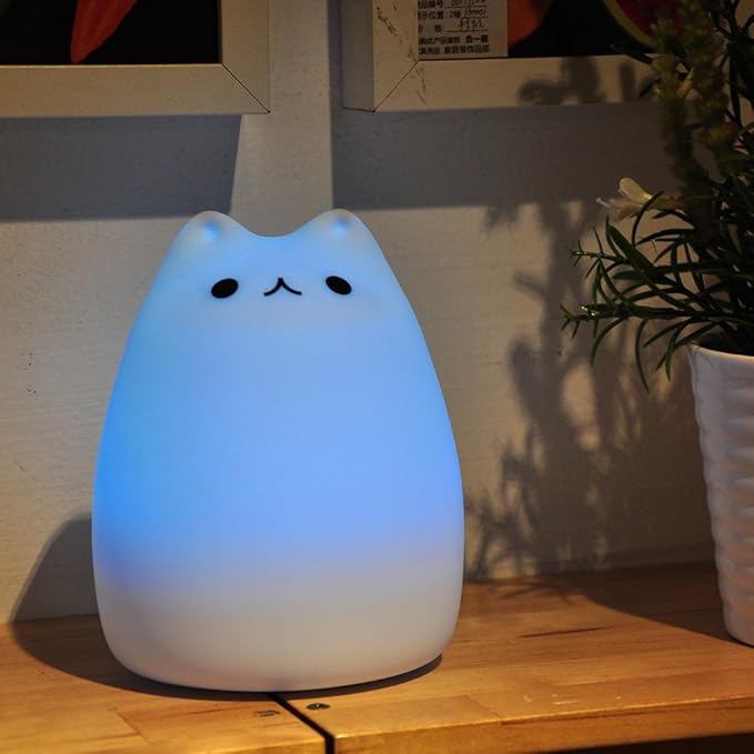WoneNice Cute Kitty Night Light, Rechargeable Silicone Cute Lamp with Warm White & 7-Color Breathing Modes, Touch Sensor Control, Gift for Women Mom Teen Girls Kids Toddler Baby