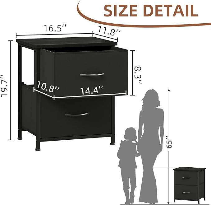 Somdot Nightstand, Small Dresser for Bedroom with 2 Drawers, Bedside Table Night Stand End Table with Fabric Bins for Bedroom Kids Closet Dorm Guest Room, Black