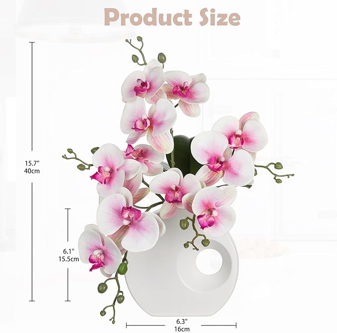 Briful Artificial Orchid Flowers in Modern Ceramic Vase 15.7" Tall Pink Faux Orchid Arrangement Silk Orchid Flower Fake Orchid Centerpiece for Home Office Room Wedding Table Décor