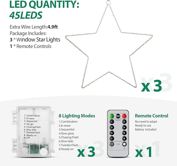 MAOYUE Window Lights 3 Pack Christmas Window Star Lights with Timer Battery Operated Christmas Decorations 8 Lighting Modes with 3 Remote Controls for Outdoor, Indoor, Porch, Party, Colorful