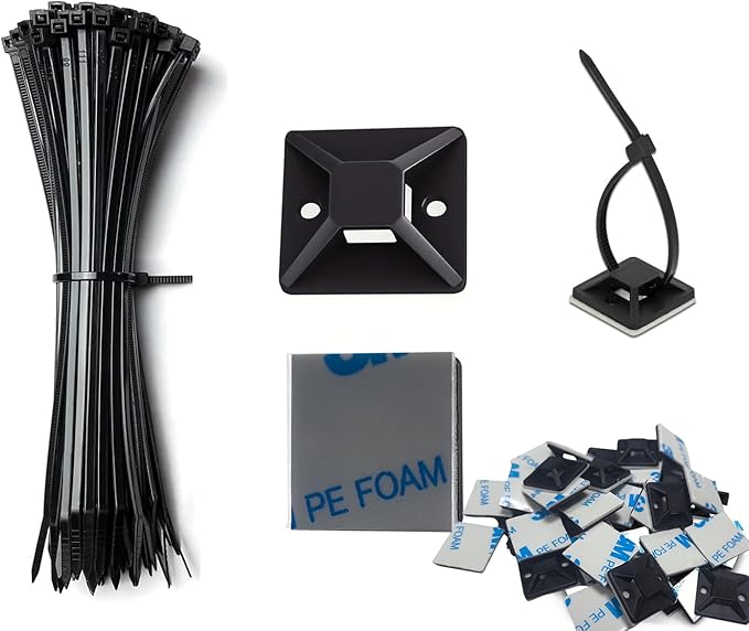 Cable Management Kit - 100 Set Adhesive Cable Zip Tie Mounts with 8" Zip Ties | UV Resistant Wire Organizers for Indoor/Outdoor Use-Black
