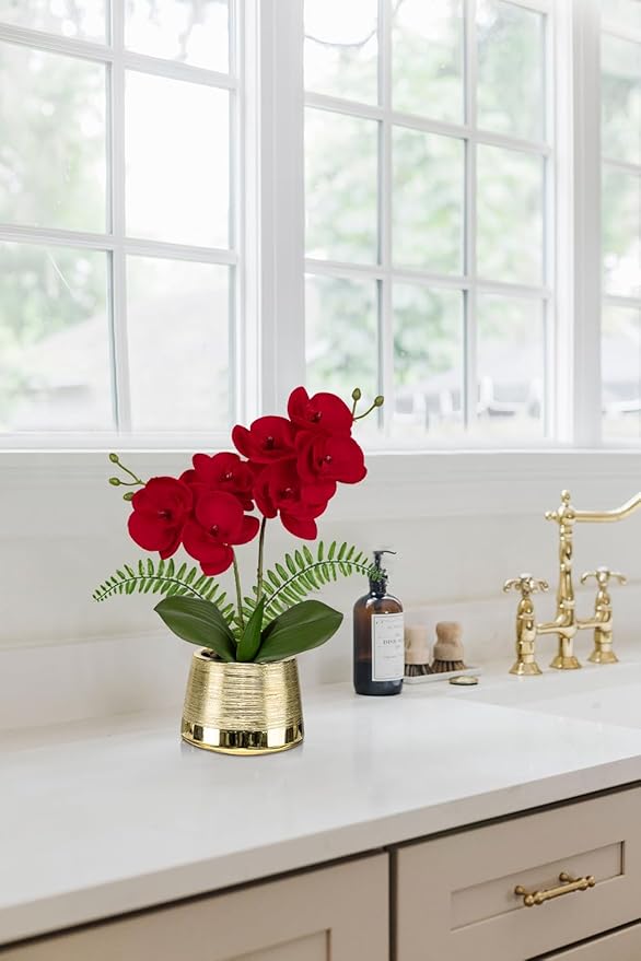 White Orchids Artificial Flowers in Gold Pot Faux Phaleanopsis Orchid Bonsia Fake Orchid Centerpiece for Dining Room Table
