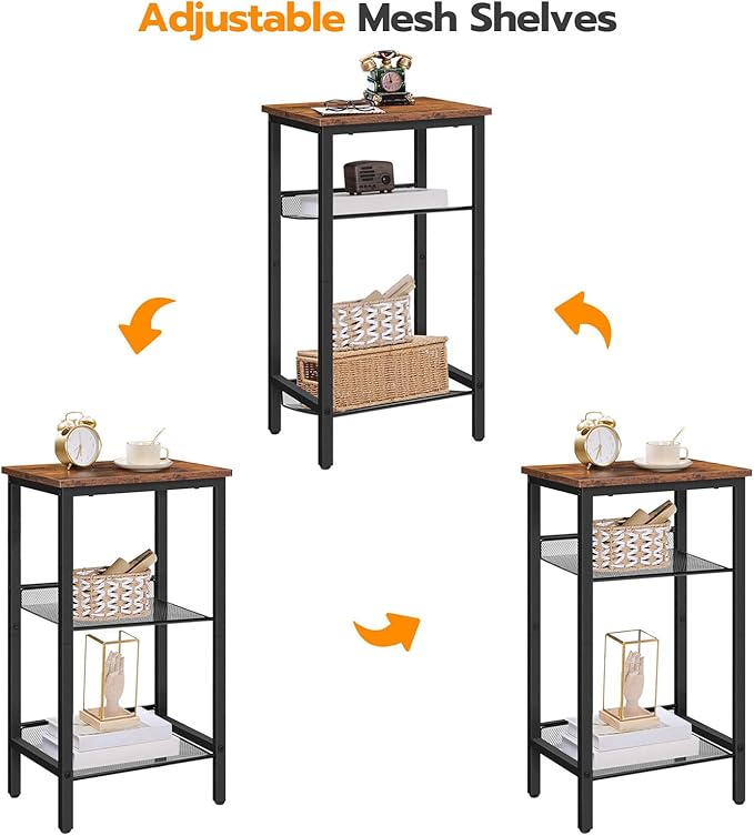 HOOBRO Side Table, 3-Tier Tall End Telephone Table with Adjustable Mesh Shelves, Small Entry Table for Living Room Bedroom Hallway or Office, Rustic Brown and Black BF01DH01G1