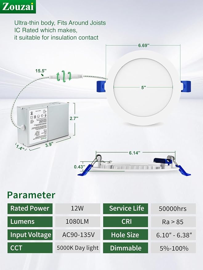 zouzai 12 Pack 6 Inch Ultra-Thin LED Recessed Ceiling Light with Junction Box, 5000K Daylight, 12W Eqv 110W, Dimmable Canless Wafer Downlight, 1080LM High Brightness, ETL and Energy Star Certified