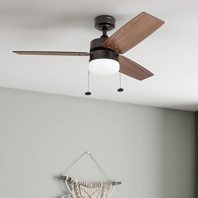 Prominence Home Reston, 42 Inch Modern Farmhouse LED Ceiling Fan with Light, Pull Chain, Dual Mounting Options, Dual Finish Blades, Reversible Motor - 51015-01 (Bronze)