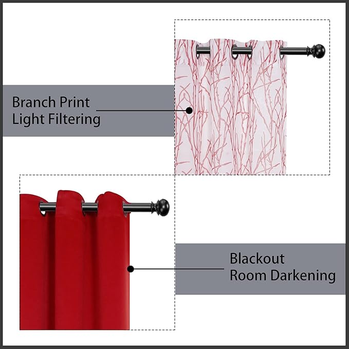 BONZER Mix and Match Curtains - 2 Pieces Branch Print Sheer Curtains and 2 Pieces Blackout Curtains for Bedroom Living Room Grommet Window Drapes, 37x84 Inch/Panel, Red, Set of 4 Panels