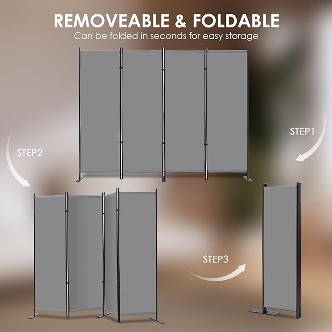 RANTILA 4 Panel Room Divider, 6 FT Folding Privacy Screen with Wide Feet, Freestanding Partition for Room Separation, Portable Room Divider Panel, 89" W x 71" H, Grey