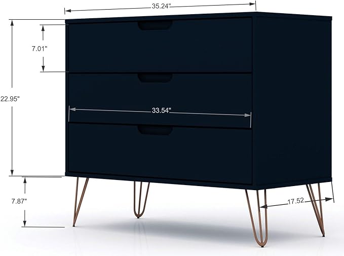 Manhattan Comfort Rockefeller 3 Drawer Dresser for Bedroom Storage, Closet, Living Room, Entryway, TV Stand for Screens up to 32 Inches, Anti-Tip Kit Included, Set of 1, Midnight Blue