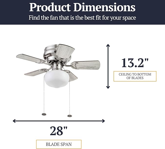 Prominence Home Hero, 28 Inch Traditional Flush Mount Indoor LED Ceiling Fan with Light, Pull Chain, Dual Finish Blades, Reversible Motor - 51656-01 (Brushed Nickel)