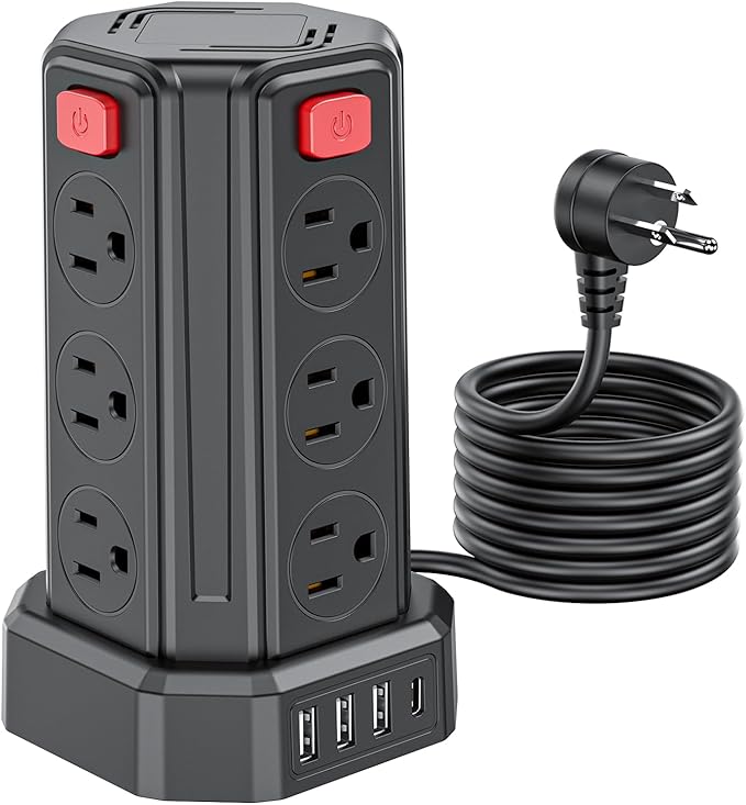 Power Strip Surge Protector, 10 Ft Extension Cord with 12 AC Multiple Outlets 4 USB (1 USB C), SMALLRT Power Tower Desktop Charging Station