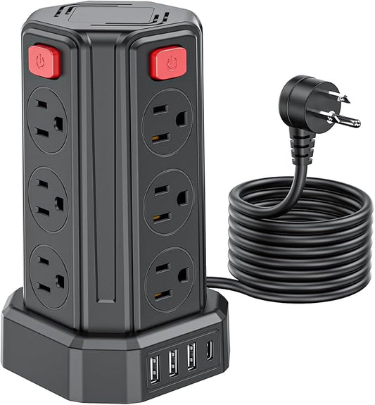 Power Strip Surge Protector, 10 Ft Extension Cord with 12 AC Multiple Outlets 4 USB (1 USB C), SMALLRT Power Tower Desktop Charging Station