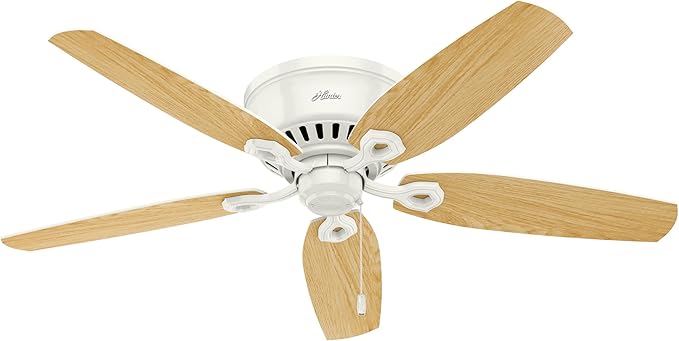 Hunter 52 inch Indoor Ceiling Fan with LED Lights - White Ceiling Fan with Pull Chain, For Bedroom, Living Room, or Kitchen, Low Profile Mount, No Remote, 5 Blades - Builder 53326, Snow White