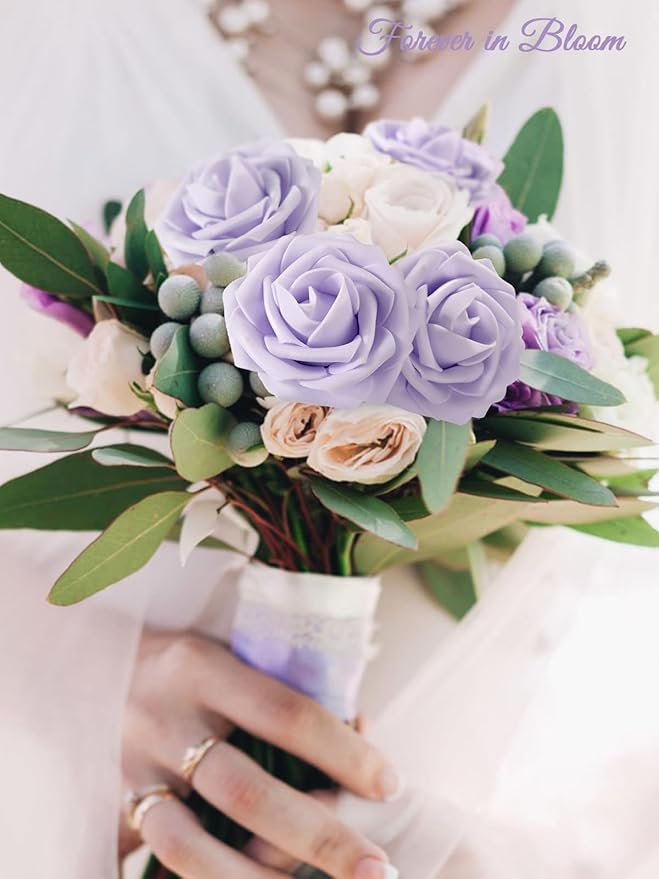 MACTING Artificial Lavender Flowers 30PCS Real Touch Fake Flowers with Stem Soft Foam Roses DIY Wedding Bouquet Boutonniere Table Centerpieces Party Spring Summer Home Decor