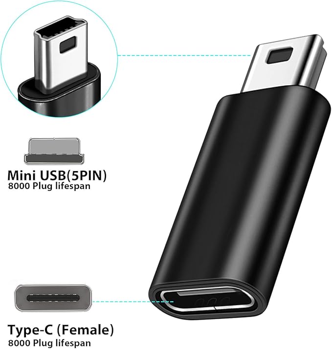 4Pack USBC to Mini USB Adapter, USB Mini to Usbc Adapter Supports Charge & Data Sync Compatible with Digital Camera,GPS Receiver,Dash Cam,MP3 Player and Other mini Device