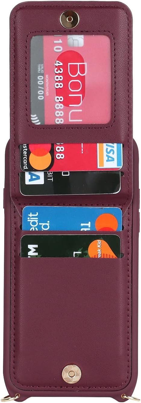 iPhone 7 8 SE (2020) Case with Card Holder, Red Wine Wallet with Strap, Credit Card Slots, Crossbody Kickstand