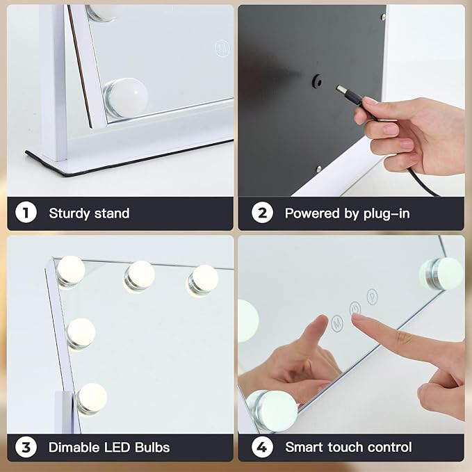 Vanity Mirror with Lights, 13'' x 11'' Lighted Makeup Mirror for Desk, Hollywood Mirror with 12 Dimmable Bulbs, 3 Color Modes, Smart Touch Control, 360°Rotation