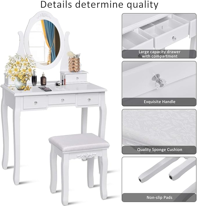 Giantex Vanity Set with Oval Mirror & Cushioned Stool, Makeup Dressing Table Large Storage with 5 Drawers, Mirrored Bedroom Vanities Makeup Table for Kids Girls Women, Easy Assembly (White)