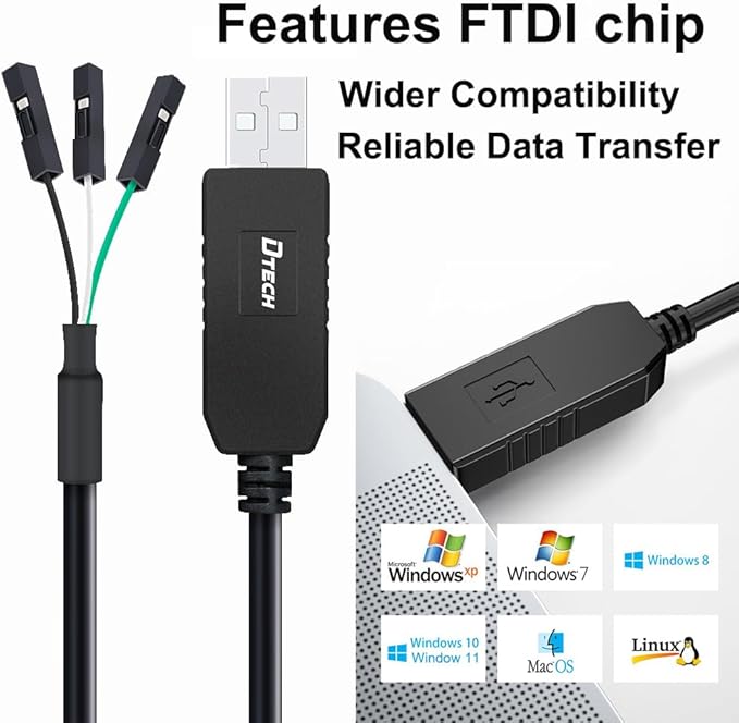 DTECH 3ft USB to TTL Serial Cable 3.3V 3 Pin TX RX Signal UART Adapter Debug Cord Genuine FTDI FT232RL Chip Compatible with Windows 11 10 8 7 Linux MAC OS 3Pin 3v3 2.54mm Dupont Female Header
