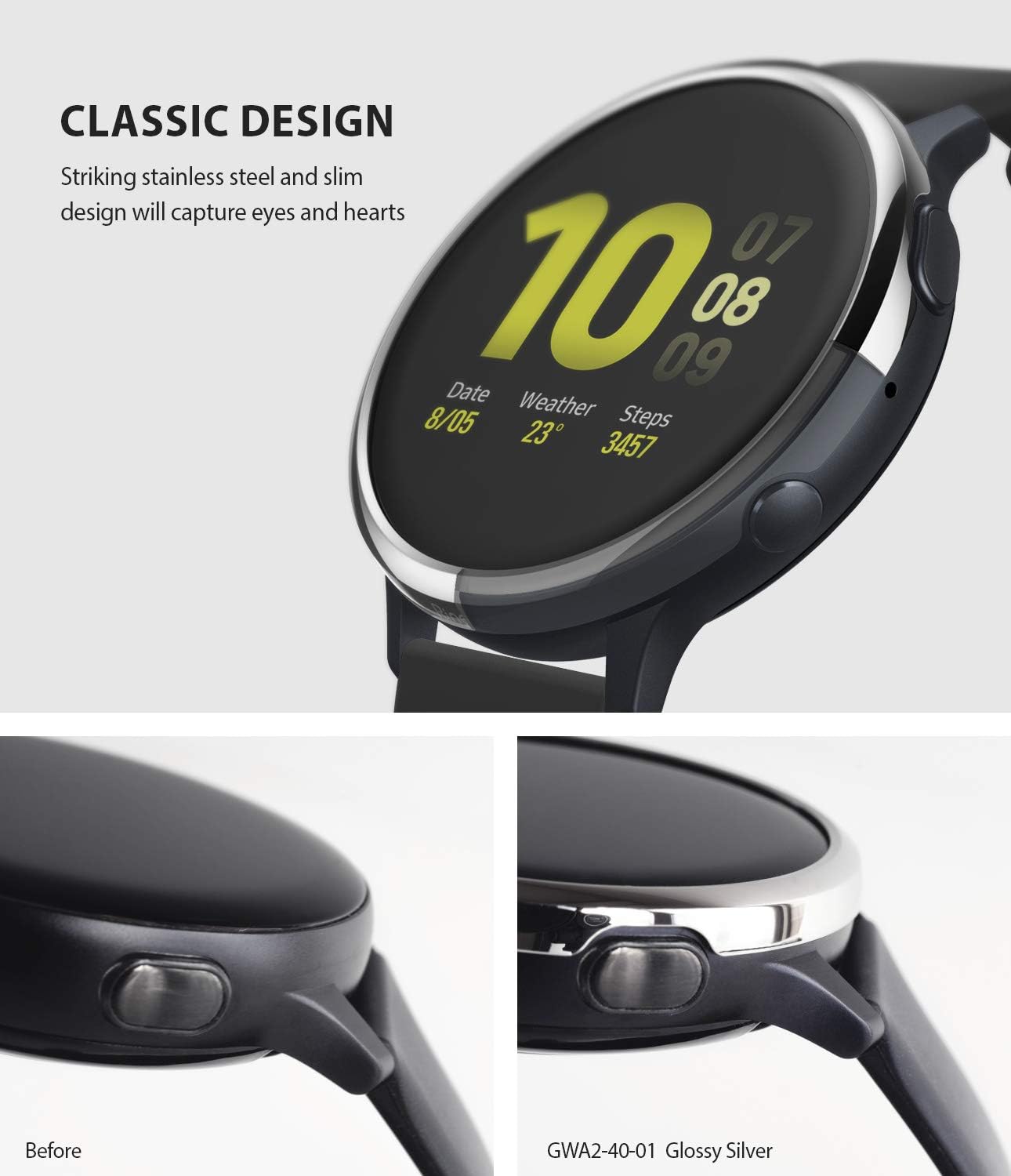 Ringke Bezel Styling Cover for Galaxy Watch Active 2, 40mm Only, Glossy Silver Adhesive Accessory