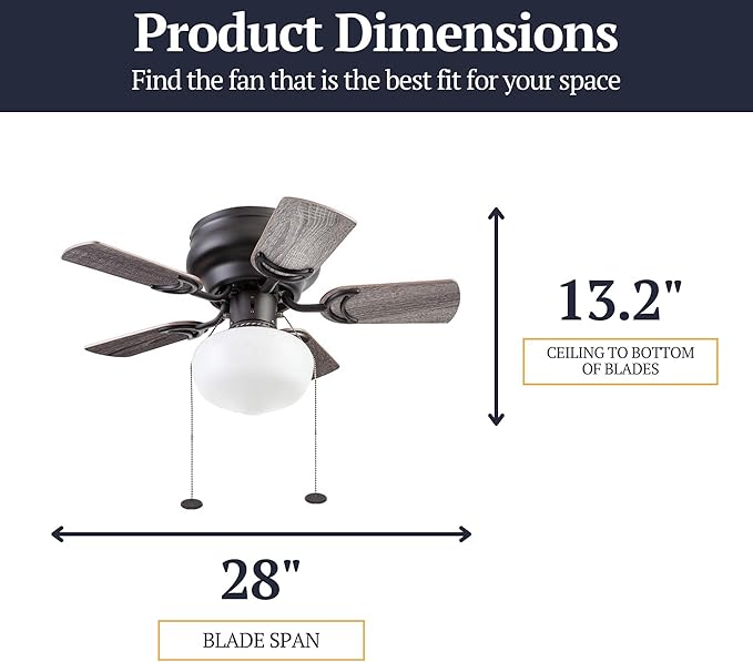 Prominence Home Hero, 28 Inch Traditional Flush Mount Indoor LED Ceiling Fan with Light, Pull Chain, Dual Finish Blades, Reversible Motor - 51655-01 (Bronze)