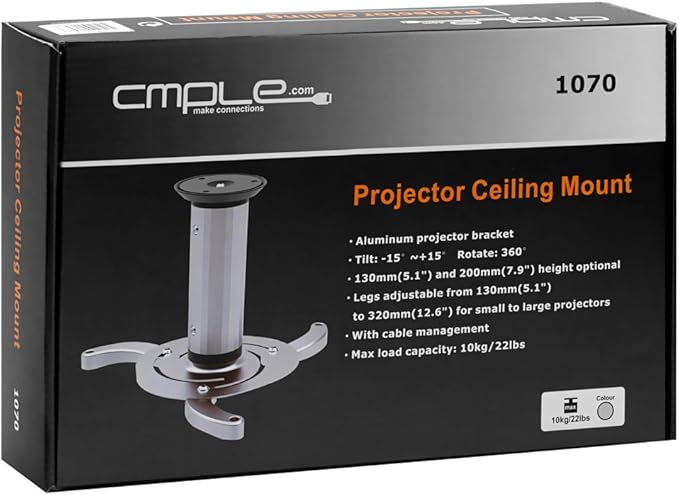 Cmple - Universal Adjustable Ceiling Projector Mount, 360 Degree Swivel Rotatable Projector Bracket - Max 22lbs (Silver)