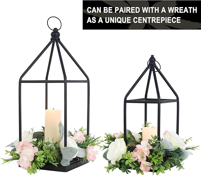 DECORKEY Luxury Lantern Decorative Outdoor&Indoor, Set of 2 (18’’&14’’) Black Metal Lanterns Decor, Vintage Hanging Candle Holder for Home Porch Wedding Centerpiece,Halloween Christmas Decorations