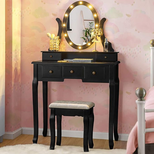 Giantex Vanity Table Set with 12 Lights Mirror, Bedroom Makeup Dressing Table with 360° Rotating Oval Mirror, 5 Drawers and Shelf, Modern Makeup Table with Cushioned Stool for Girls Women (Black)