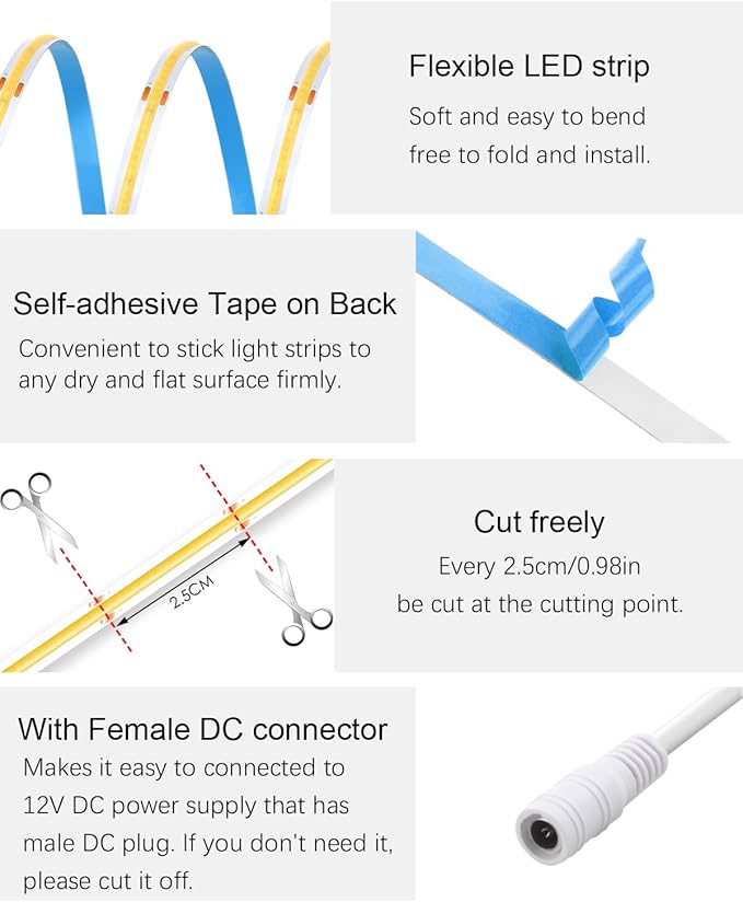 ALITOVE 16.4ft COB Warm White LED Strip Lights 12V 8mm 1600 LEDs High Density LED Tape Light CRI>90 Uniform Glow Diffused COB Led Strip for Indoor Home Bedroom Ambient Lighting(No Adapter & Dimmer)