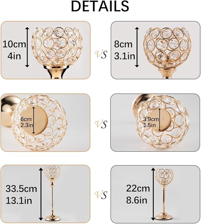 VINCIGANT Gold Crystal Candle Holders Set of 2 for Fireplace Coffee Table Mantle Decor,Wedding Home Halloween Decoration Centerpieces
