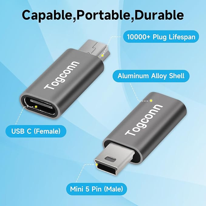 USB C to Mini USB Adapter 2 Pack, USB Type-C (Female) to Mini USB (Male) Converter Connector, Support Charging & Data Sync Compatible with GoPro Hero 3+, MP3 Players, Dash Cam, Digital Camera and more