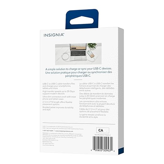 INSIGNIA 7 ft. USB-C Charge-and-Sync Braided Cable, High-Speed 20 Gbps for Laptop, MacBook, PC, Tablet, Smartphone, iPhone - Light Green